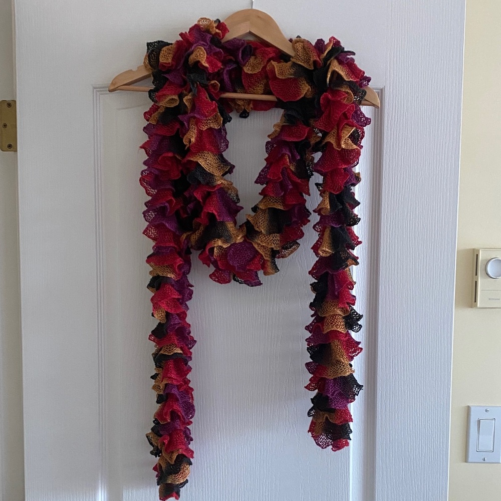 Elegant Ruffled Scarf in Red, Black, and Gold